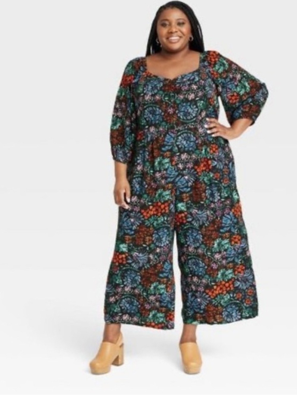 Boho Feminine Floral Wide-Leg Jumpsuit in Black Multicolor Size 3x Puff Sleeve‎